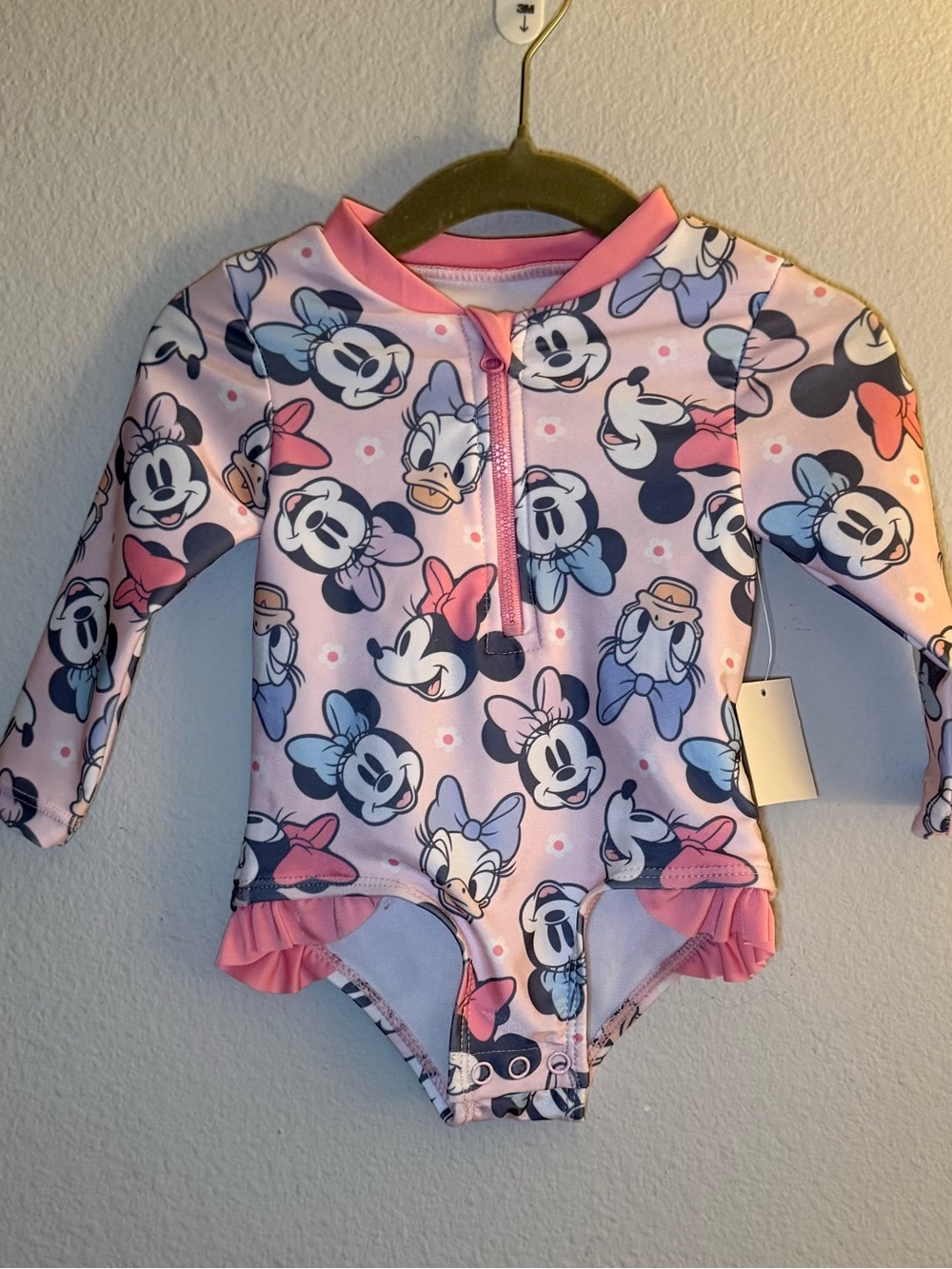 Disney Pink & Blue Minnie Mouse Long-Sleeve One-Piece Swimsuit